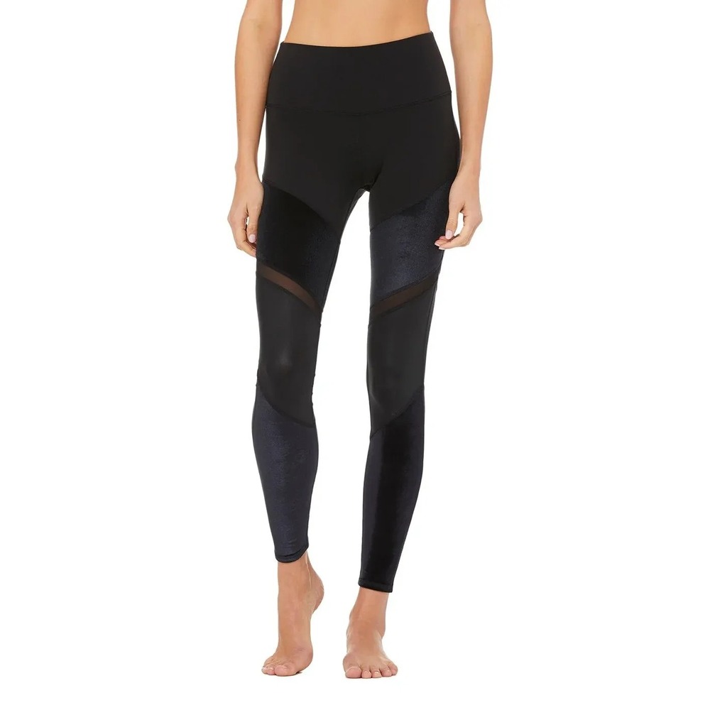 Alo Yoga Women's Black Sheila High-Rise Velour-Panel‎ Leggings Size Small